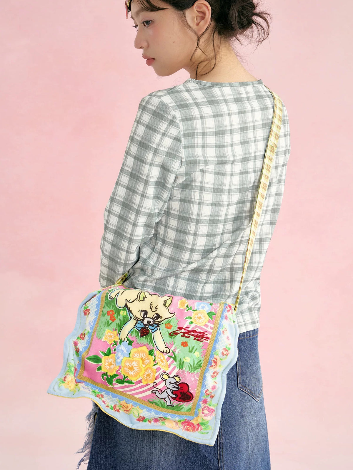 tntntutu - Yellow Plaid Cat & Mouse Messenger Bag bag tntntutu