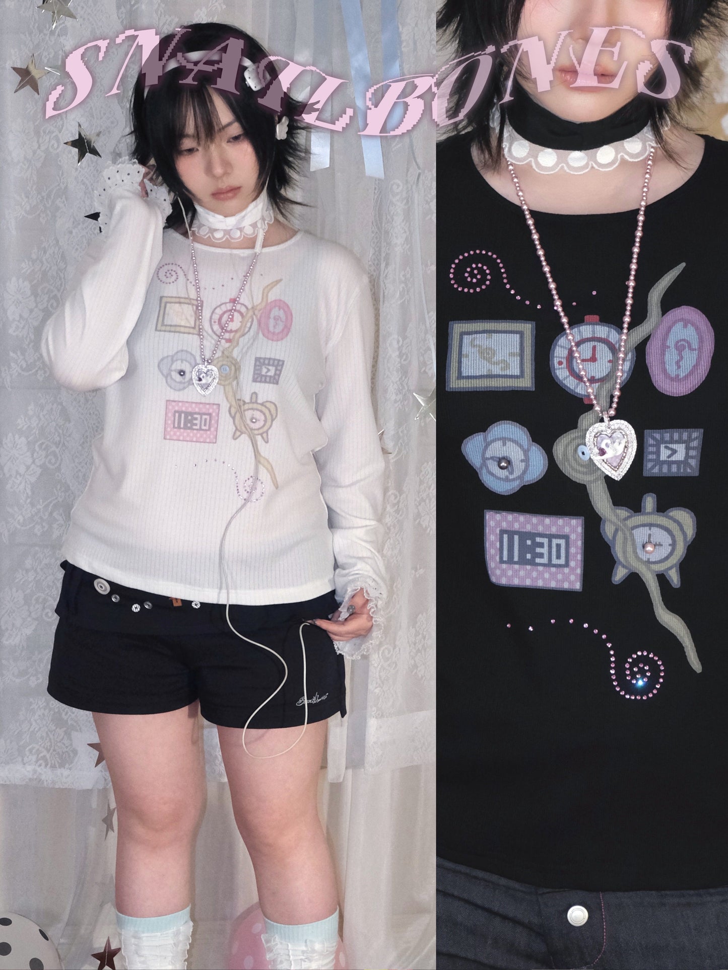 Snail Bones - Clock Print Rhinestone Lace Tee shirt Snail Bones