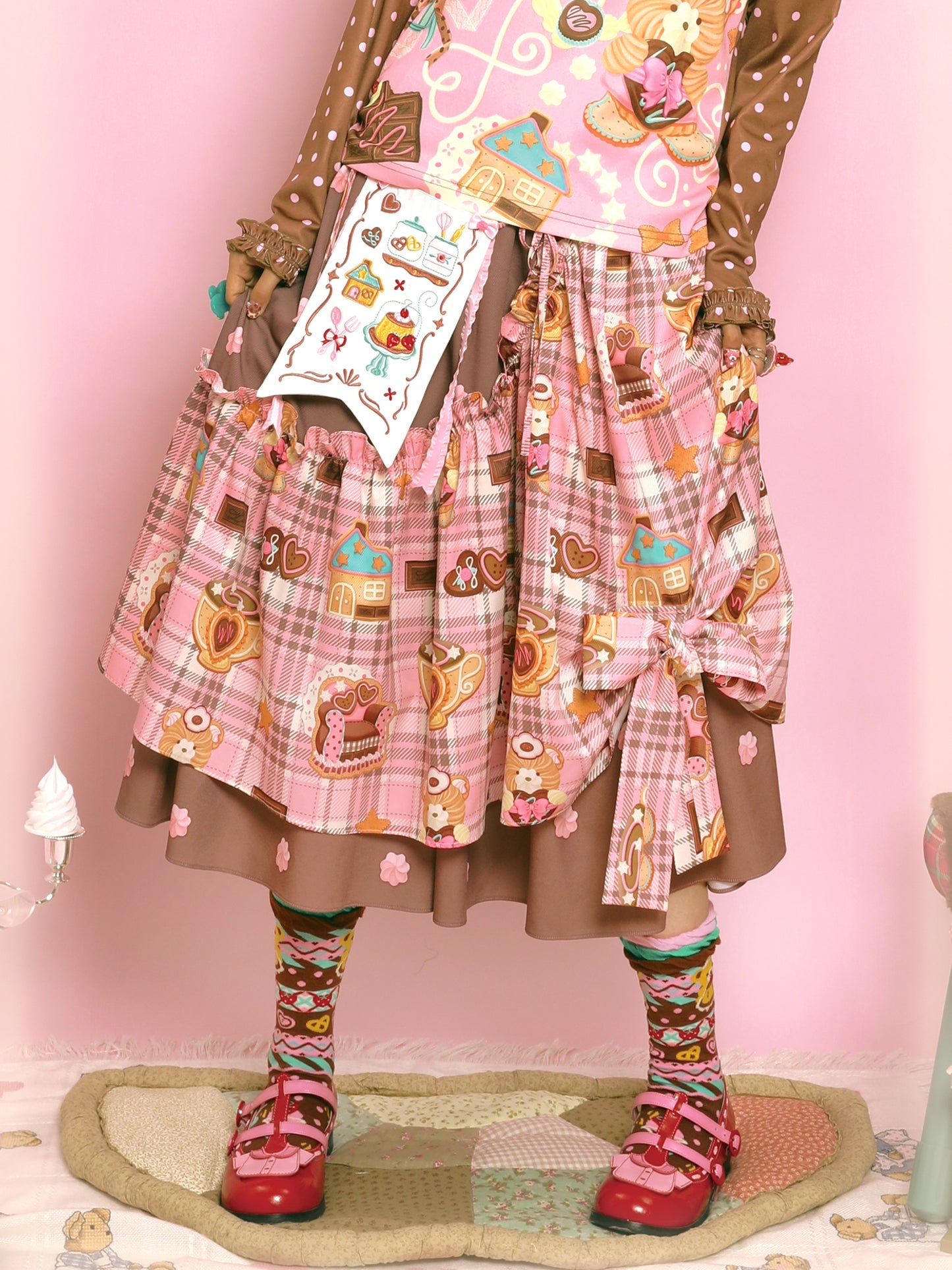 LutraJump - Kawaii Plaid Embroidered Bow Elastic Waist Skirt