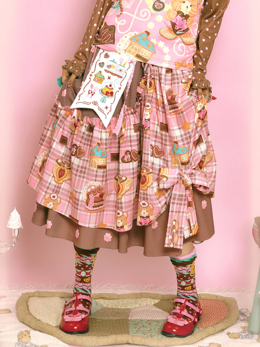 LutraJump - Kawaii Plaid Embroidered Bow Elastic Waist Skirt
