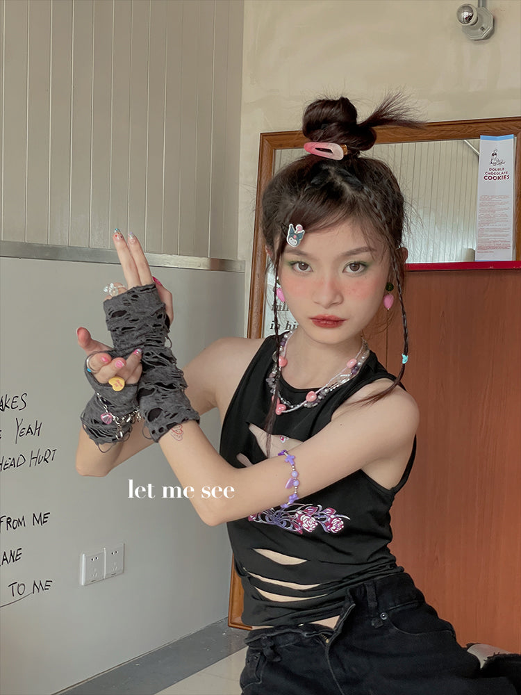 LET ME SEE - Y2K Distressed Fingerless Sun Protection Arm Warmers sleeves let me see