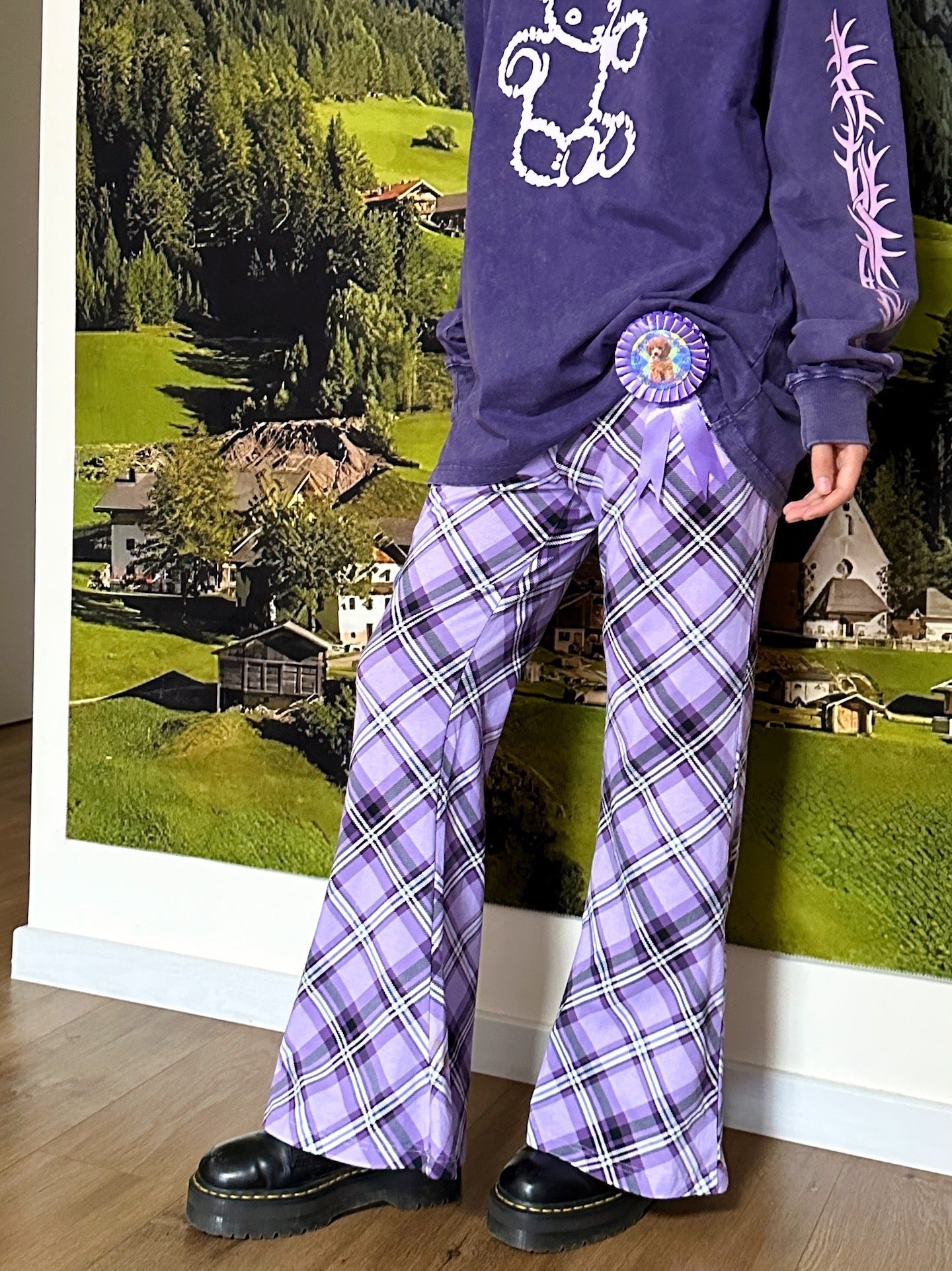 BunnyBunnyGun - Y2K Flare Pants Purple Plaid Retro Loose Fit pants bunnybunnygun