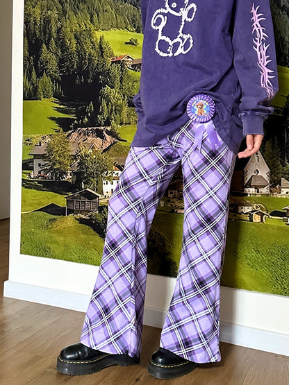 BunnyBunnyGun - Y2K Flare Pants Purple Plaid Retro Loose Fit pants bunnybunnygun