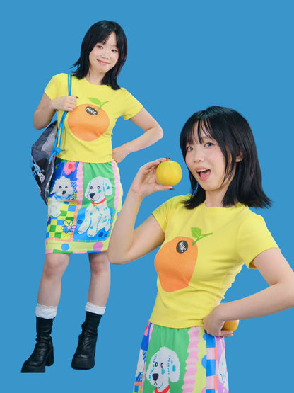 MeowMeow Bug - Decora Kei Orange Print Slim Fit T-Shirt tshirt MeowMeow Bug