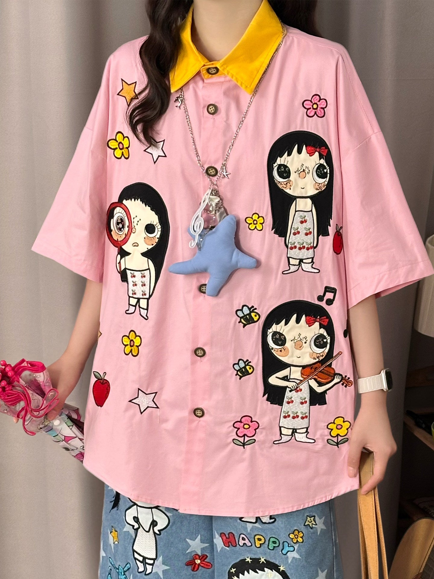 Pink Cartoon Embroidered Shirt shirt soldout