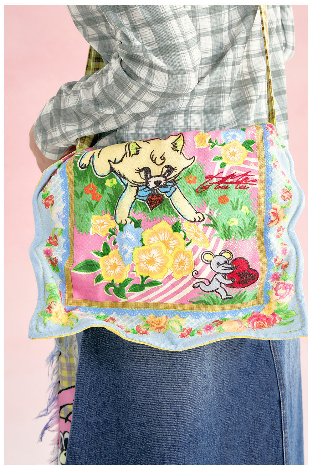 tntntutu - Yellow Plaid Cat & Mouse Messenger Bag bag tntntutu