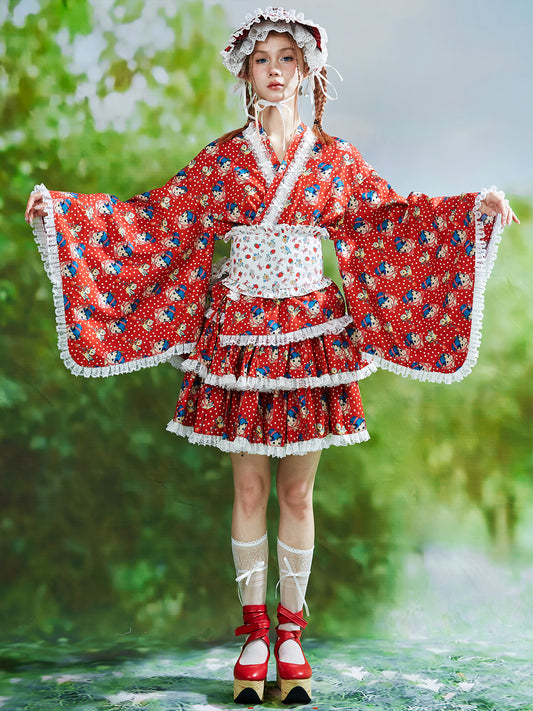 SOS MEME CLUB - Retro Showa Red Kimono Yukata dress SOS MEME CLUB