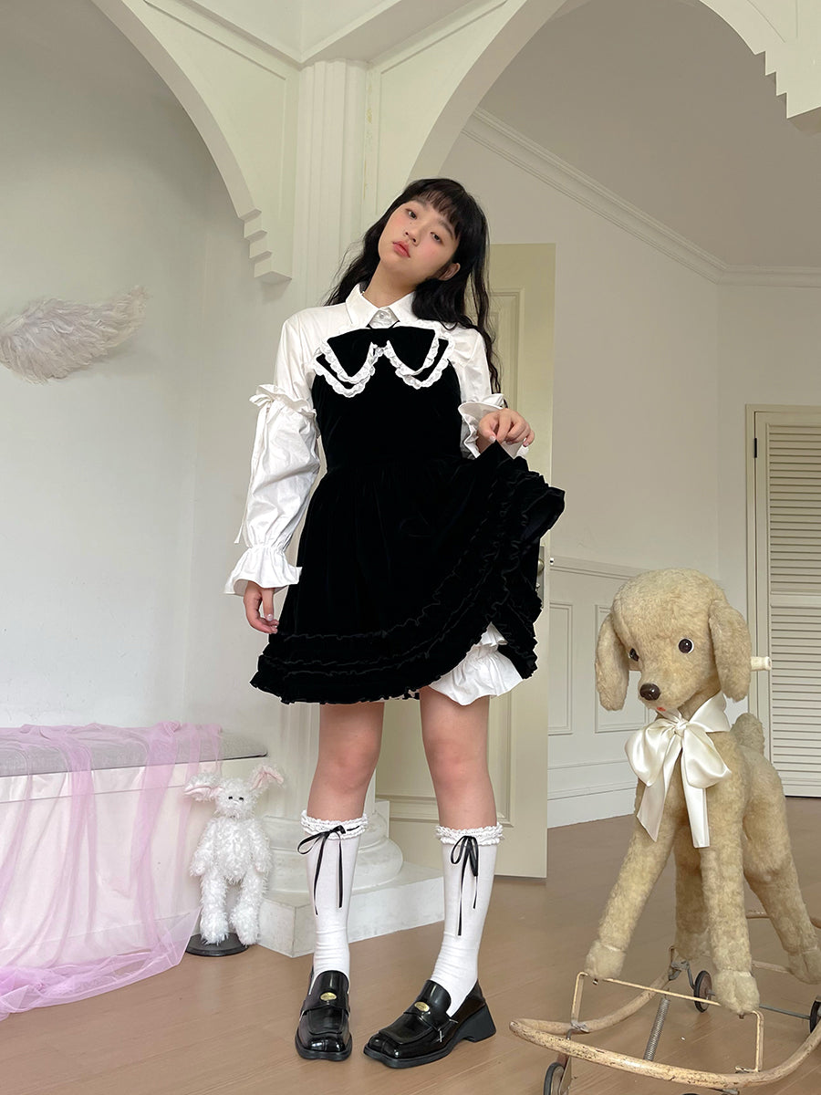 daytoday everyday institute - Girly Fashion Velvet Bow Black Flare Dress dress daytoday everyday institute