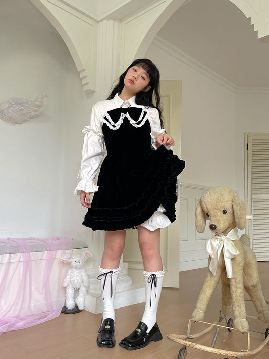 daytoday everyday institute - Girly Fashion Velvet Bow Black Flare Dress dress daytoday everyday institute