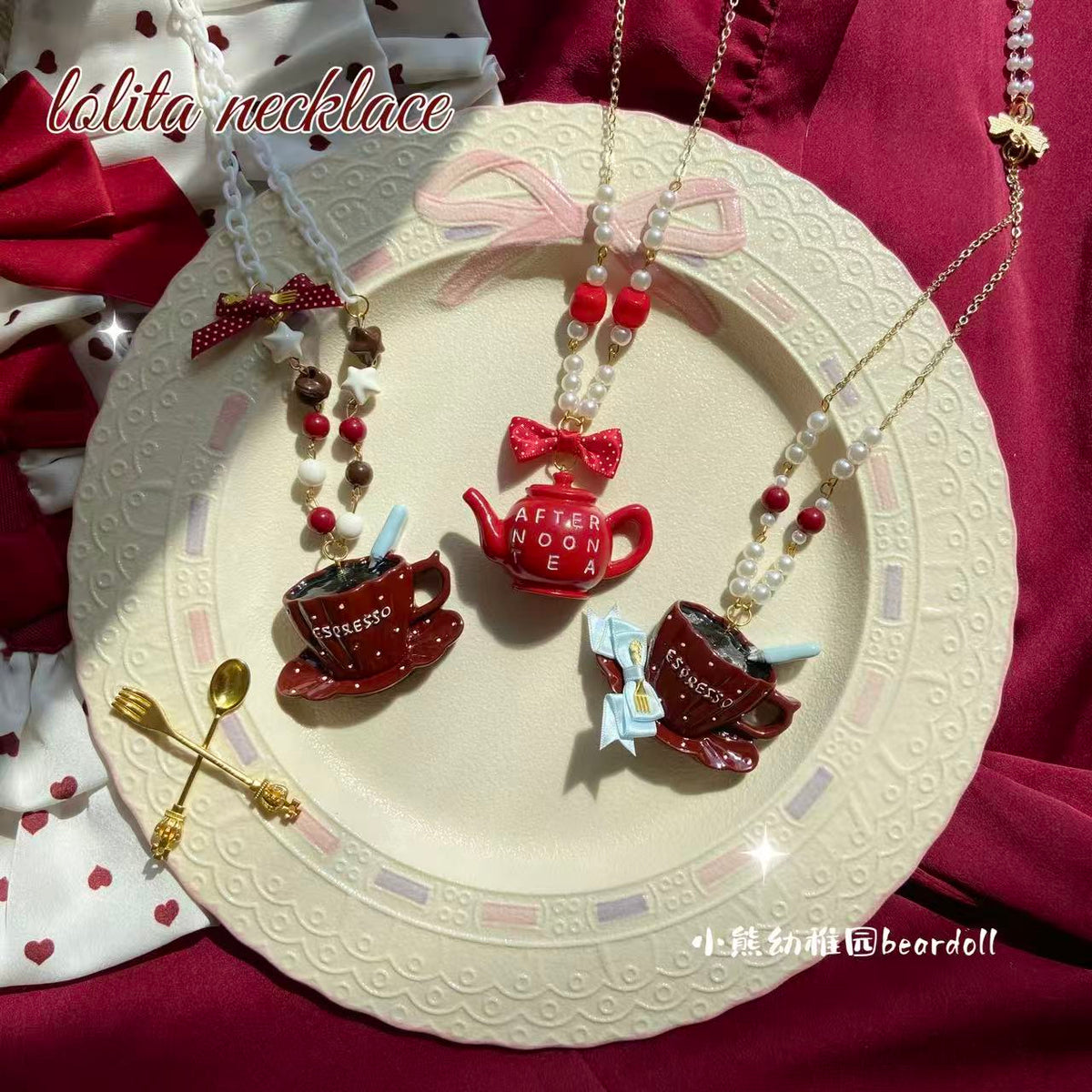 Bear Doll - Burgundy Polka Dot Teapot Necklace