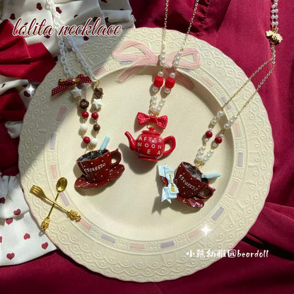 Bear Doll - Burgundy Polka Dot Teapot Necklace