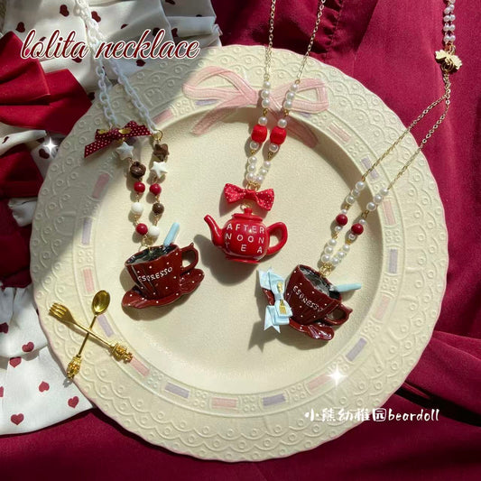 Bear Doll - Burgundy Polka Dot Teapot Necklace necklace Bear Doll