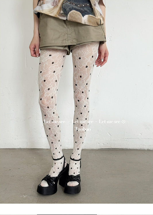 LET ME SEE - Polka Dot Lace Sheer Tights tights let me see White