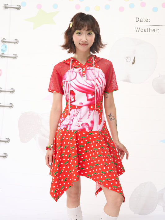 FRUITS Red Cherry Hoodie Dress | Cherry Dot Print & Mesh Sleeve Dress dress Fruits