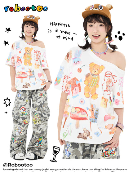 Robootoo - White Bear Tea Party Off-Shoulder T-Shirt tshirt Robootoo