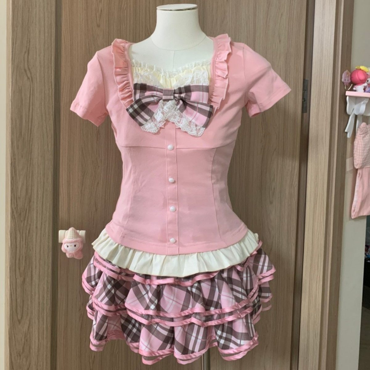 Blurred Bear - Lace Top Plaid Skirt Set set Blurred Bear