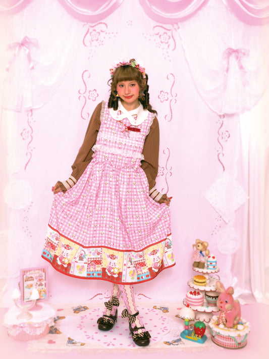 Lutra Jump - Kawaii Pink Plaid Bunny Dress Lace Bow Long Loose dress Lutra Jump