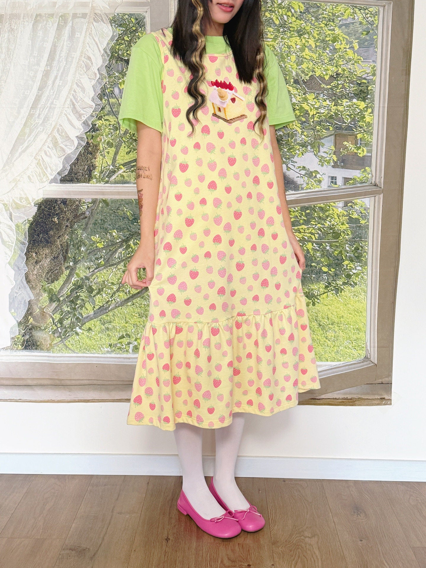 bunnybunnygun - Cream Strawberry Tank Dress dress bunnybunnygun