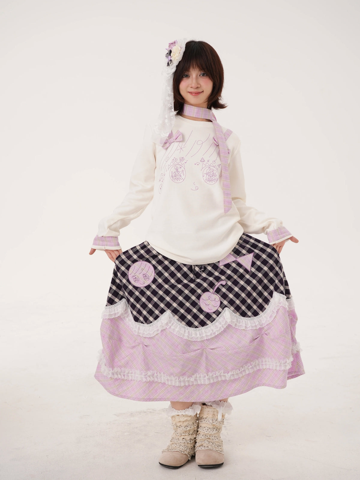RabbitRain - Purple Plaid Pudding Cake Embroidered Skirt skirt RabbitRain