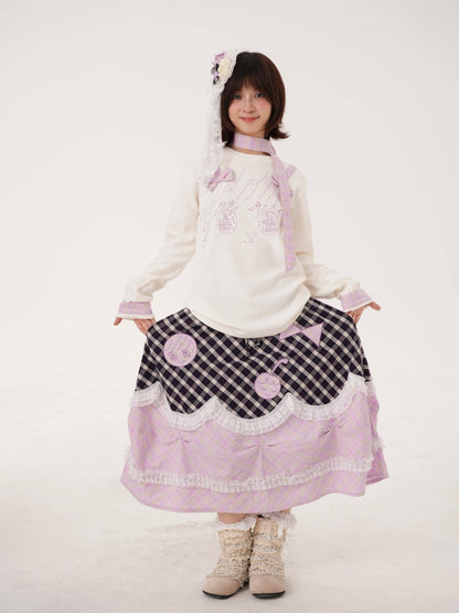 RabbitRain - Purple Plaid Pudding Cake Embroidered Skirt skirt RabbitRain