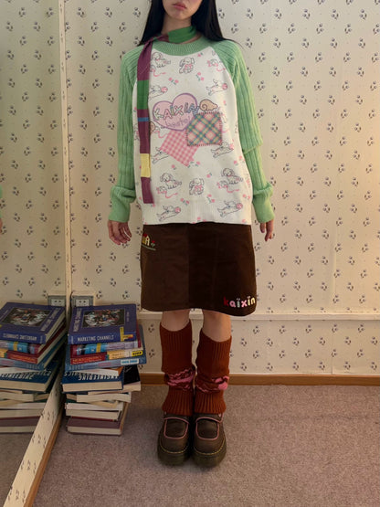 KaiXin hostel - Puppy Floral Contrast Knit Sweater sweater KaiXin hostel