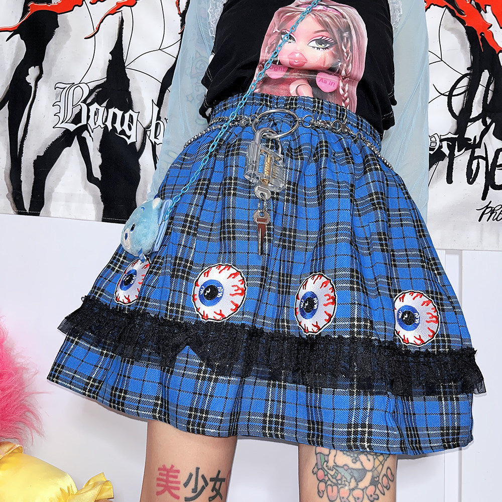 FANLOVEGIRL - Eye Embroidery Plaid Mini Skirt | Y2K Punk Harajuku Fashion skirt FANLOVEGIRL