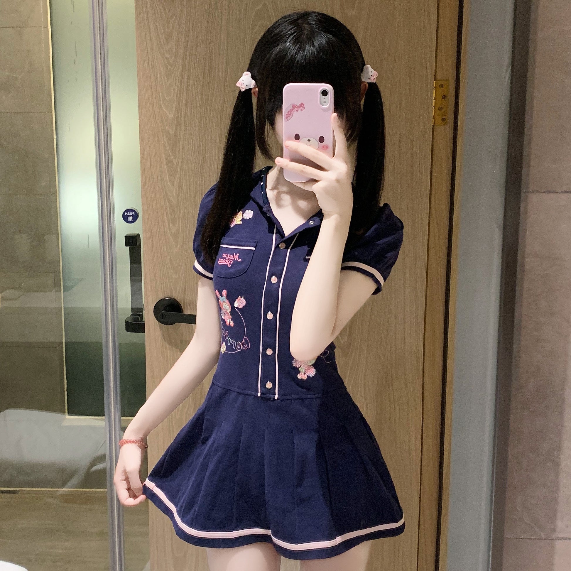 Bunny Planet - Navy Embroidered Hooded Pleated Dress dress bunnyplanet