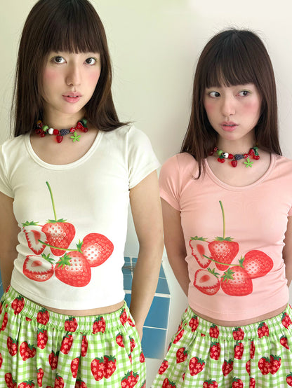 FRUITS - Strawberry Print Fitted T-Shirt | Kawaii Japanese Style Cute Top tshirt Fruits