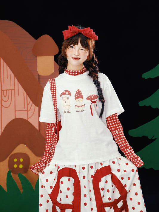 Meugler – Kawaii Red Mushroom Print Bow T-Shirt tshirt Meugler