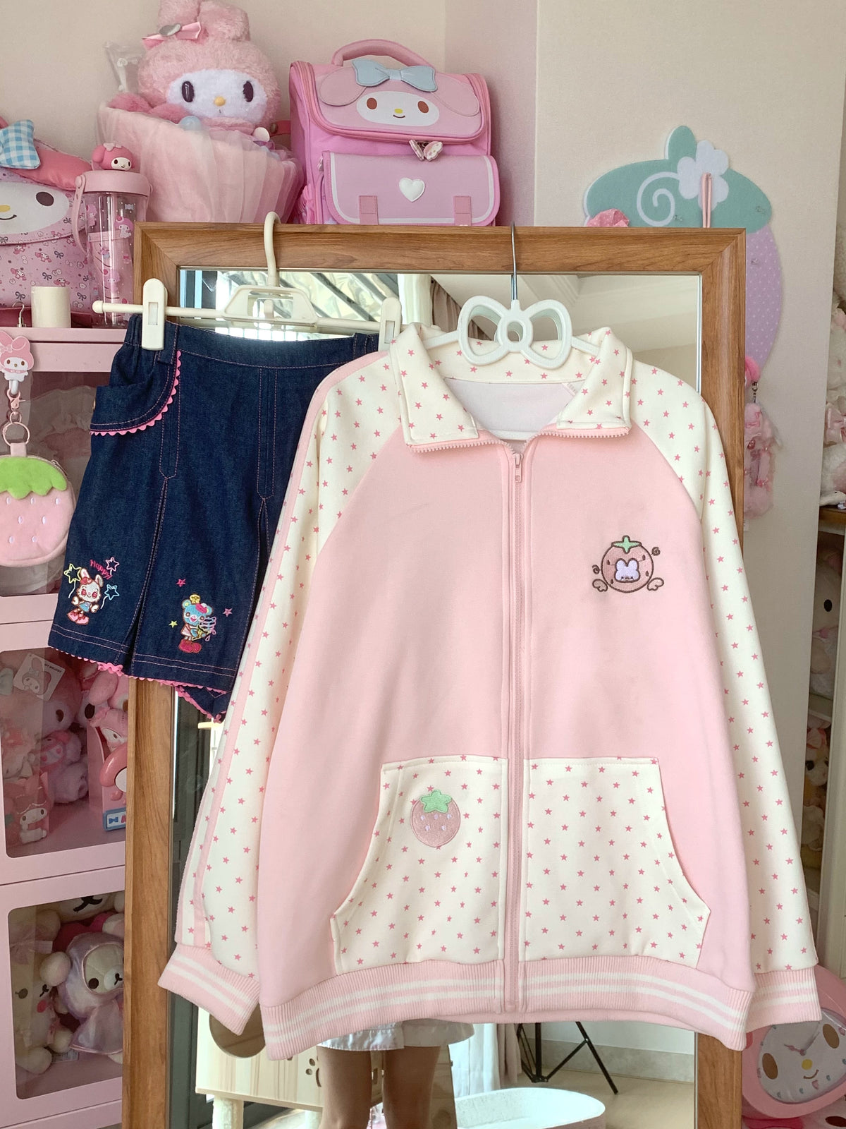 Blurred Bear - Pink Strawberry Long-Sleeve Sweatshirt/Skirt Set jacket Blurred Bear