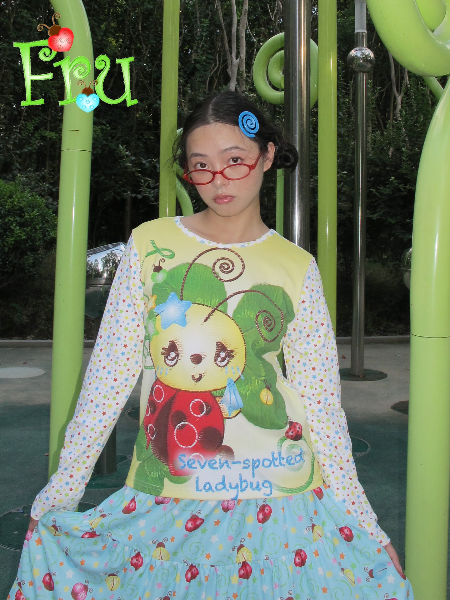 FruFru - Kawaii Long Sleeve Tee Beetle Print Casual Loose shirt frufru