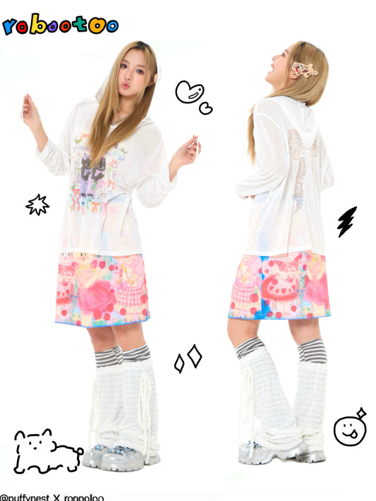 Robootoo - White Cat Print Hooded Sun Protection Tee shirt Robootoo
