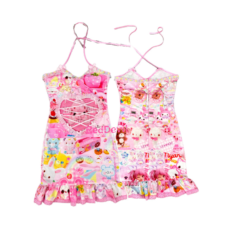 RedDevil Decora Pink Dress | Graffiti Bodycon Dress | Harajuku Subculture Remake Camisole Dress dress Red Devil