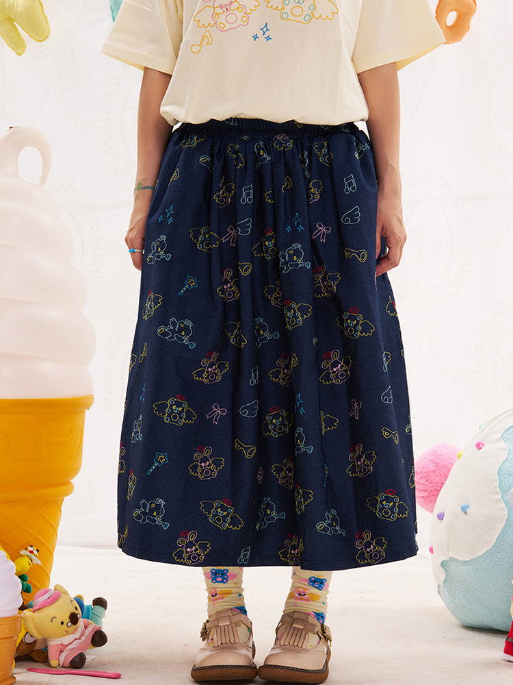 NIKKOU Cute Japanese Style A-Line Skirt | Harajuku Animal Angel Embroidered Denim Skirt skirt Nikkou home