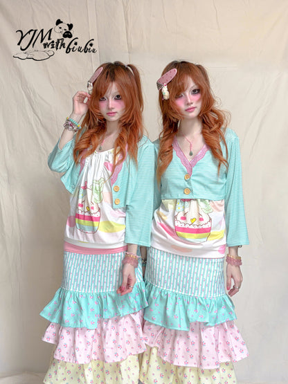 YJM with biubiu - Mint Green Stripe Lace Jacket shirt YJM with biubiu