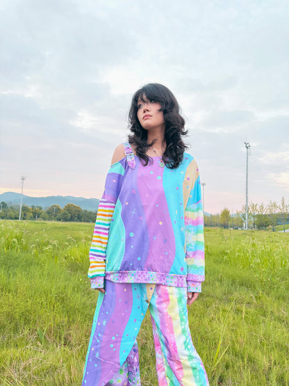 LEERROO - Neon Wave Y2K Asymmetric Shoulder Top hoodie Leerroo