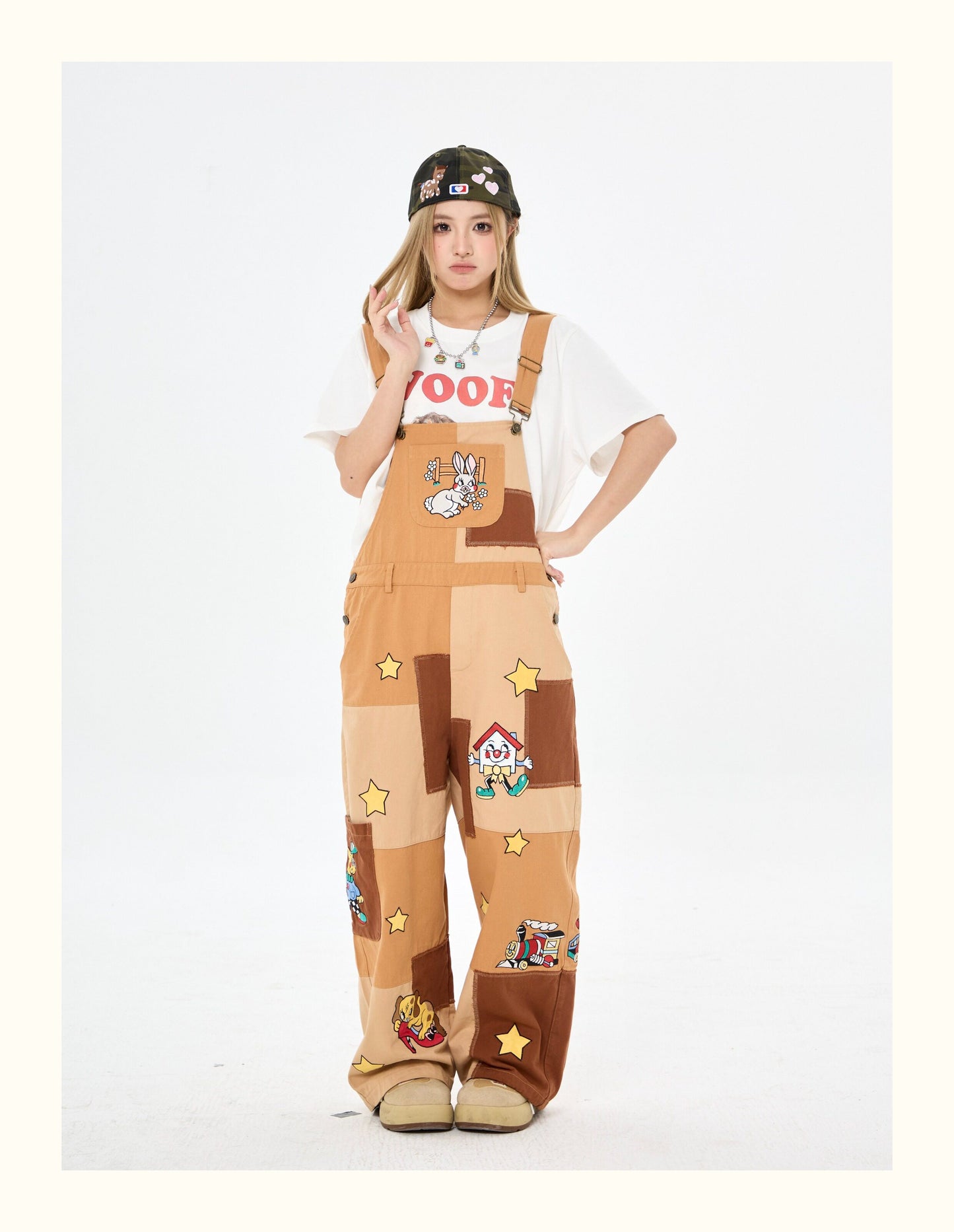 Robootoo - Brown Patchwork Embroidered Wide Leg Overalls overall Robootoo