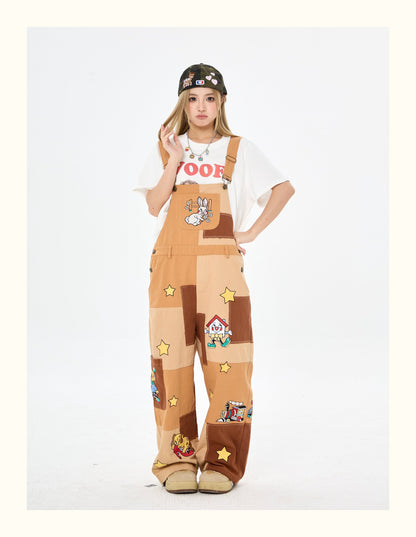 Robootoo - Brown Patchwork Embroidered Wide Leg Overalls overall Robootoo