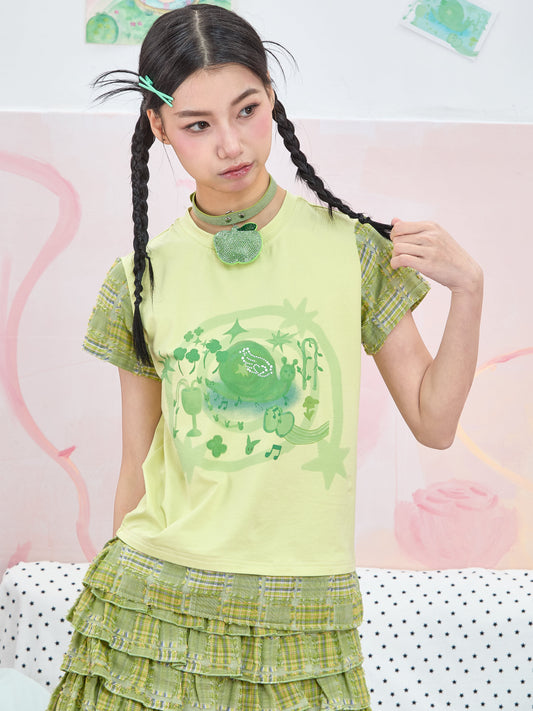 Moon Meadow - Y2K Cute Snail Print Green Contrast T-Shirt