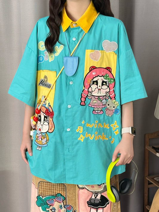 Blue Cartoon Embroidered Shirt shirt soldout
