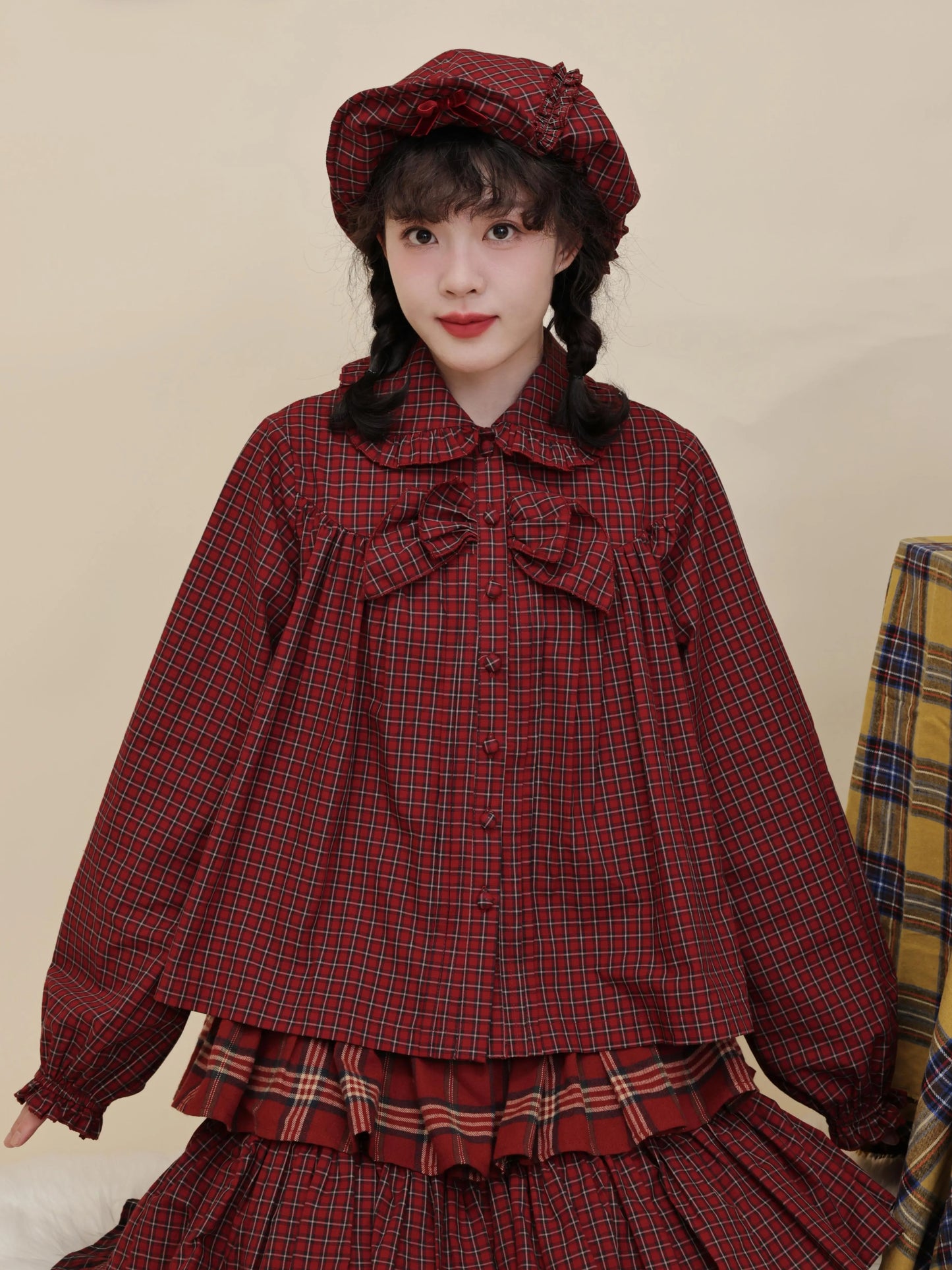 SemenCoicis - Kawaii Blouse Red Plaid Lace Bow Loose Fit shirt SemenCoicis
