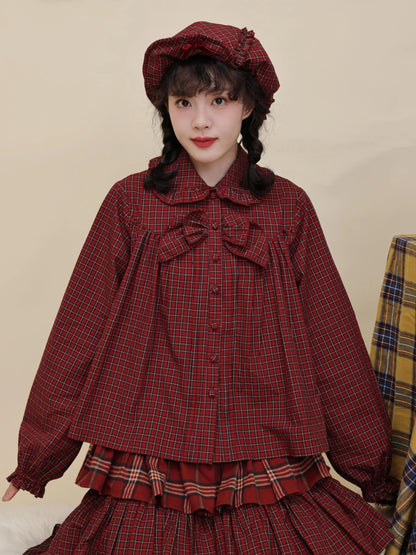 SemenCoicis - Kawaii Blouse Red Plaid Lace Bow Loose Fit shirt SemenCoicis