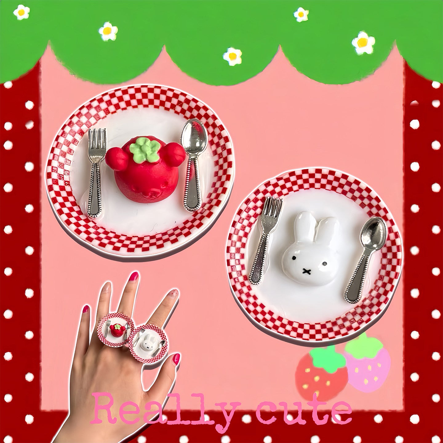 Kawaii Bunny Dessert Toy Ring Clip ring really cute Ring Set (2pcs)