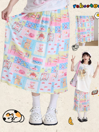 Robootoo - Pastel Cartoon Pleated Midi Skirt skirt Robootoo