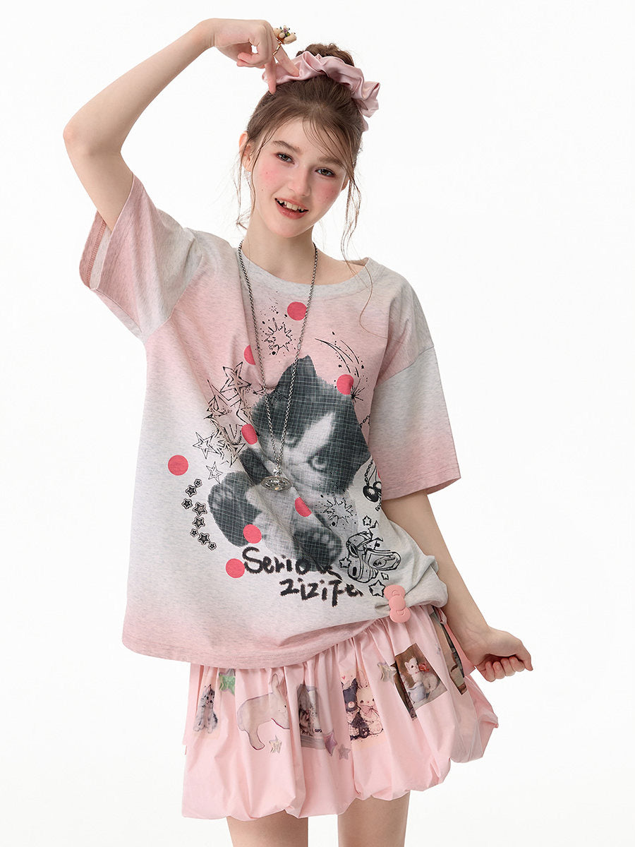 ziziFei - Gradient Cat Graphic T-Shirt tshirt ziziFei