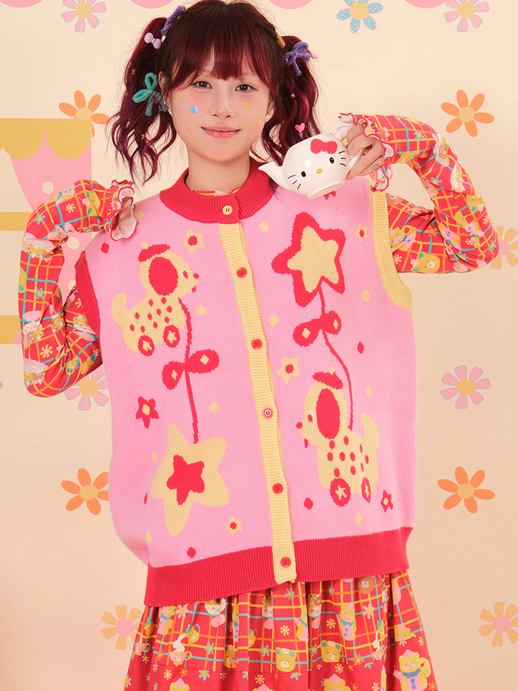 NIKKOU - Kawaii Dog Car Knit Vest Sweater cardigan Nikkou home