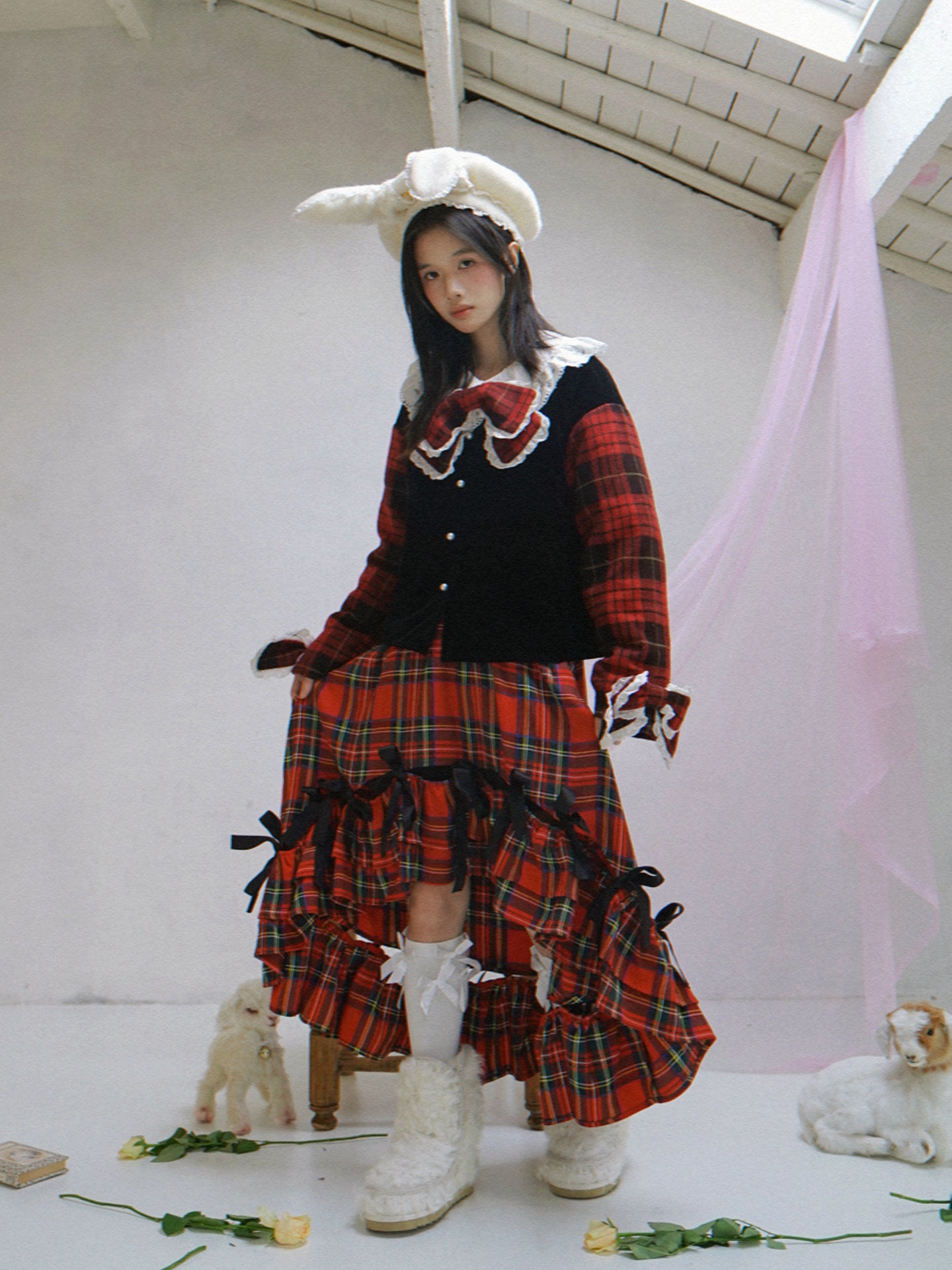 daytoday everyday institute - Red Plaid Velvet Bow Jacket jacket daytoday everyday institute