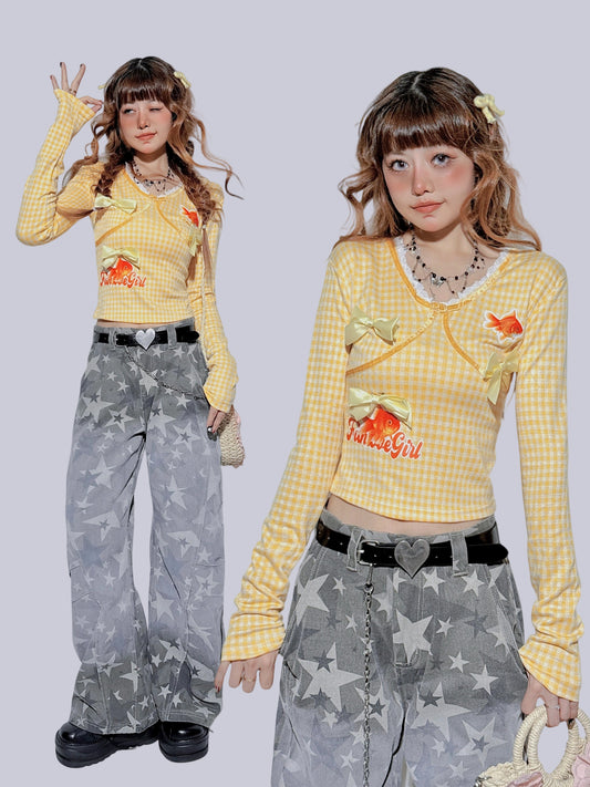 FANLOVEGIRL - Yellow Plaid Bow Embroidered Top shirt FANLOVEGIRL