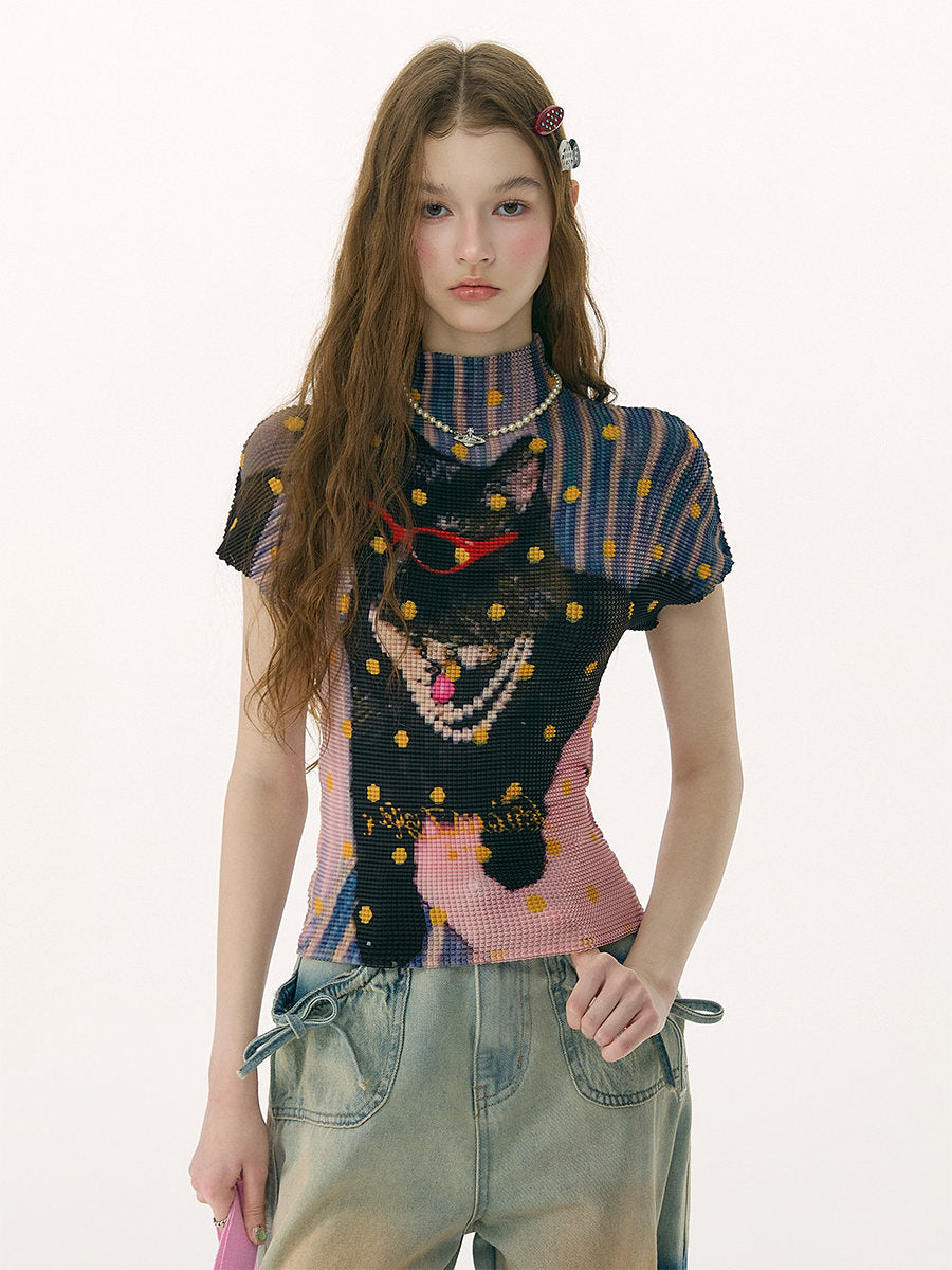 ziziFei - Polka Dot Party Cat Graphic Ruffle Tee tshirt ziziFei