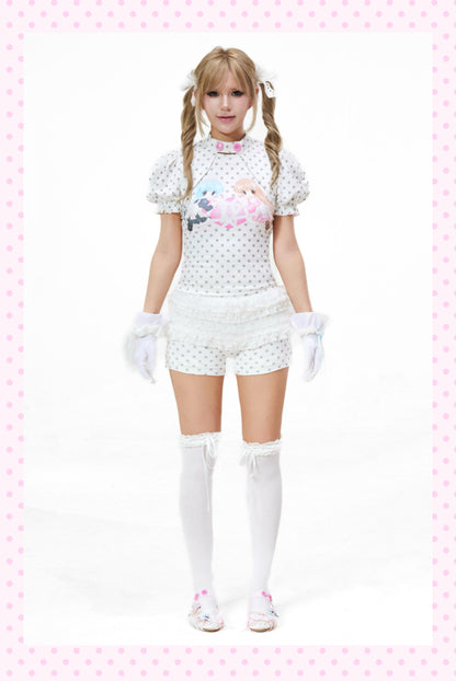 SelfishGhost - Polka Dot Faux-Layer Top & Bow Shorts Set set SelfishGhost
